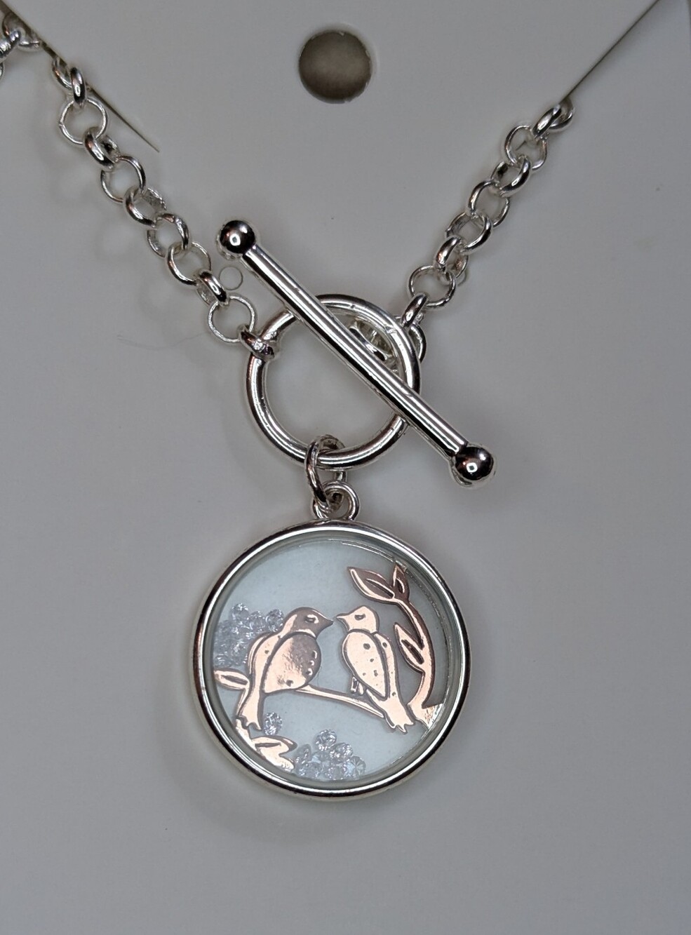 New Silver Toggle Necklace w) Rose Gold Lovebirds & Floating Crystal Pendant